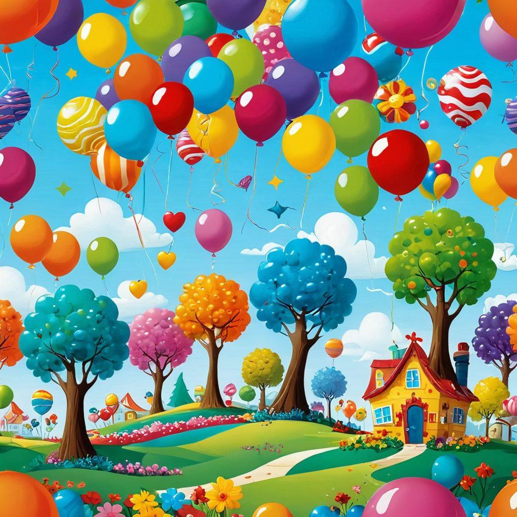 A vibrant scene filled with whimsical cartoon characters, each displaying unique expressions of joy and mischief. Include a playful landscape featuring oversized candy trees, floating balloons, and colorful flowers. The characters should interact with one another, exuding creativity and fun. Emphasize bright colors and a cheerful atmosphere to evoke smiles. cartoon style. vibrant colors. playful background.
