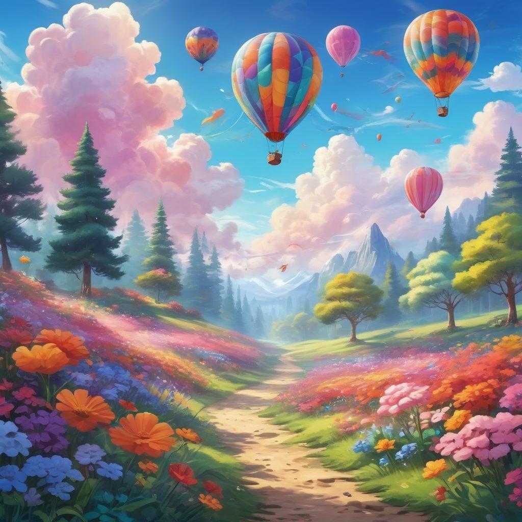 An enchanting landscape featuring cartoonish characters embarking on a colorful adventure through a whimsical forest filled with oversized flowers, playful animals, and magical elements like floating balloons. Bright, cheerful colors radiate joy, with characters smiling and engaging in fun activities like kite flying and treasure hunting. A gentle, whimsical sky with fluffy clouds adds to the atmosphere of happiness and exploration. vibrant colors. cartoon style. whimsical.
