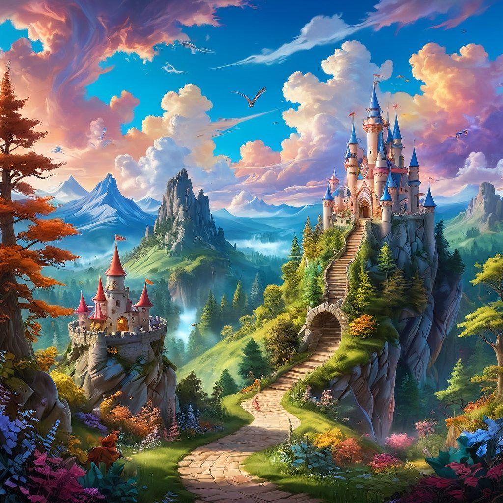 A whimsical landscape filled with vibrant animated characters like playful dragons, dancing unicorns, and giggling fairies, set against a colorful sky with fluffy clouds. Include a winding path leading through enchanted forests and fantasy castles, welcoming children to explore their imaginations. The scene should radiate joy and adventure, inviting the viewer to join in on the fun. super-realistic. vibrant colors. bright background.
